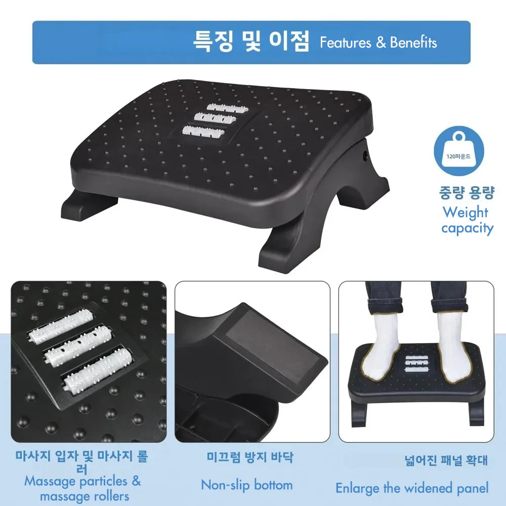Ergonomic Under Desk Footrest Massage Rollers Leg Rest Pain Relief Non-slip Foot Stool Home Office Work Study Posture Correction